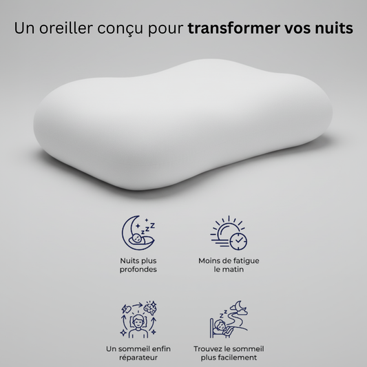 Oreiller cervical ergonomique Nerua avec 4 bénéfices : nuits plus profondes, moins de fatigue le matin, un sommeil enfin réparateur, trouvez le sommeil plus facilement