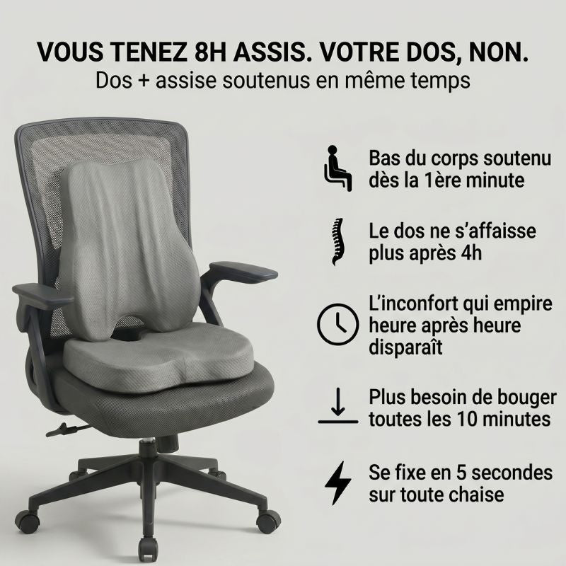 Pack coussin lombaire et coussin de siège ergonomique Nerua installés ensemble sur une chaise de bureau pour un soutien complet du dos et de l'assise