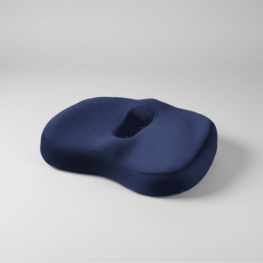 Coussin pour chaise de bureau ergonomique mémoire de forme bleu sur fond gris