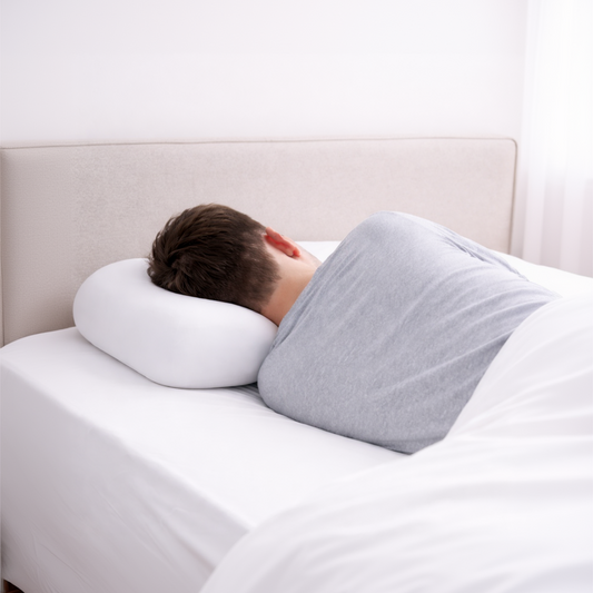 Personne dormant sur le côté avec un oreiller cervical ergonomique soutenant la nuque et maintenant l’alignement de la colonne vertébrale.