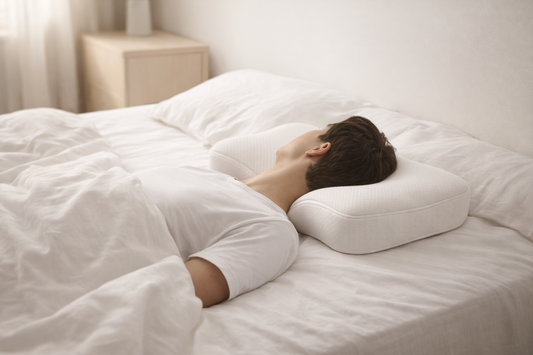 Personne allongée sur le dos dans un lit soigné, nuque bien soutenue sur un oreiller cervical ergonomique, lumière naturelle douce, ambiance reposante
