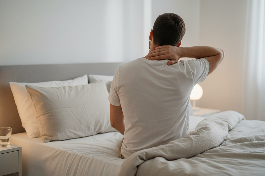 Homme souffrant de douleurs cervicales au réveil, symbolisant le lien entre mal de cou et troubles du sommeil.