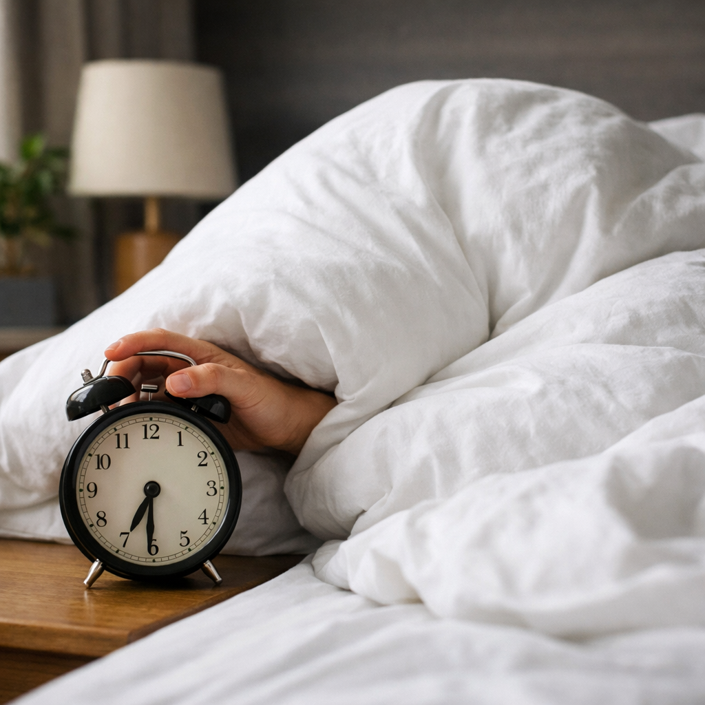 Personne allongée dans son lit, entièrement sous la couette, éteignant son réveil le matin malgré la fatigue