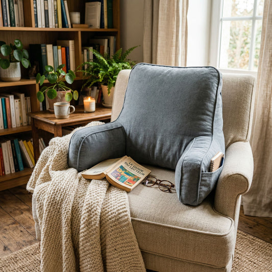 Coussin de lecture ergonomique avec accoudoirs de couleur bleu gris, posé sur un fauteuil beige dans un coin lecture cosy avec bibliothèque en arrière-plan.