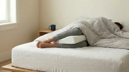 Personne dormant sur le côté avec un coussin ergonomique entre les genoux pour soulager la douleur de hanche nocturne, chambre lumineuse et apaisante