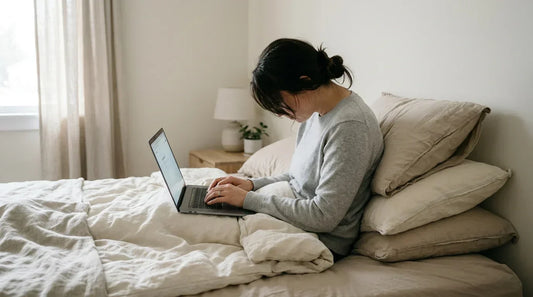 Personne travaillant sur un laptop au lit avec le dos arrondi et la nuque penchée vers l'écran