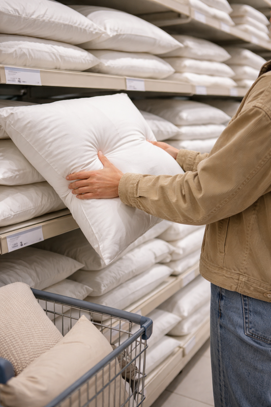 Homme choisissant un oreiller en magasin pour améliorer son confort de sommeil et soulager les douleurs cervicales
