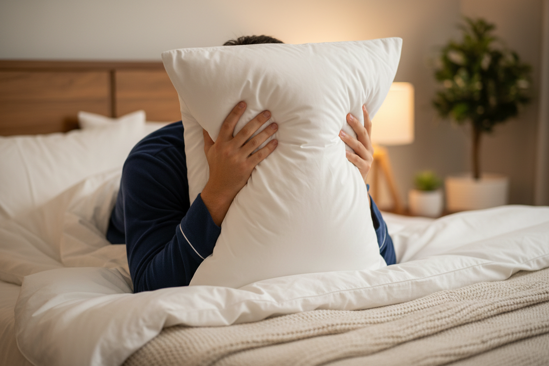 Personne avec un oreiller sur les oreilles pour se protéger du bruit des ronflements nocturnes dans une chambre sombre.