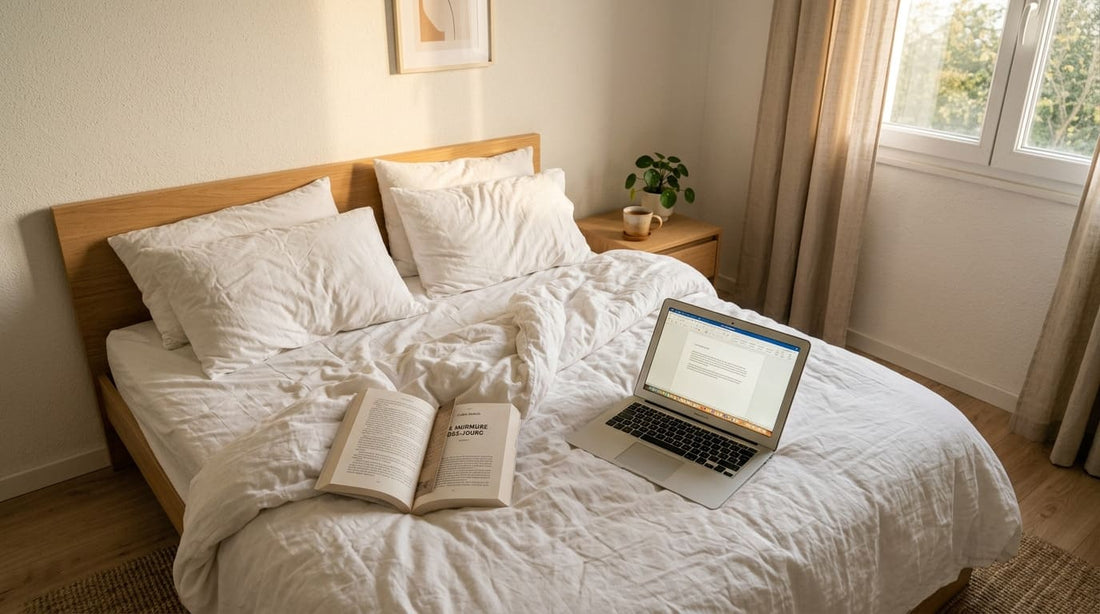 Livre ouvert et ordinateur portable posés sur un lit, ambiance soirée lecture et détente