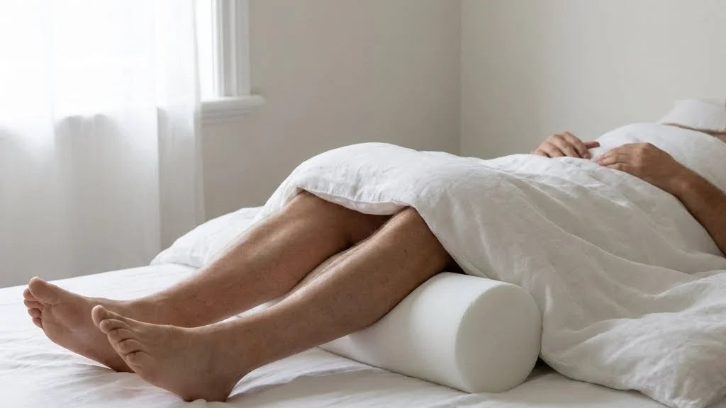 Personne allongée sur le dos avec un coussin cylindrique sous les genoux pour le mal au bas du dos la nuit, chambre épurée lumière naturelle