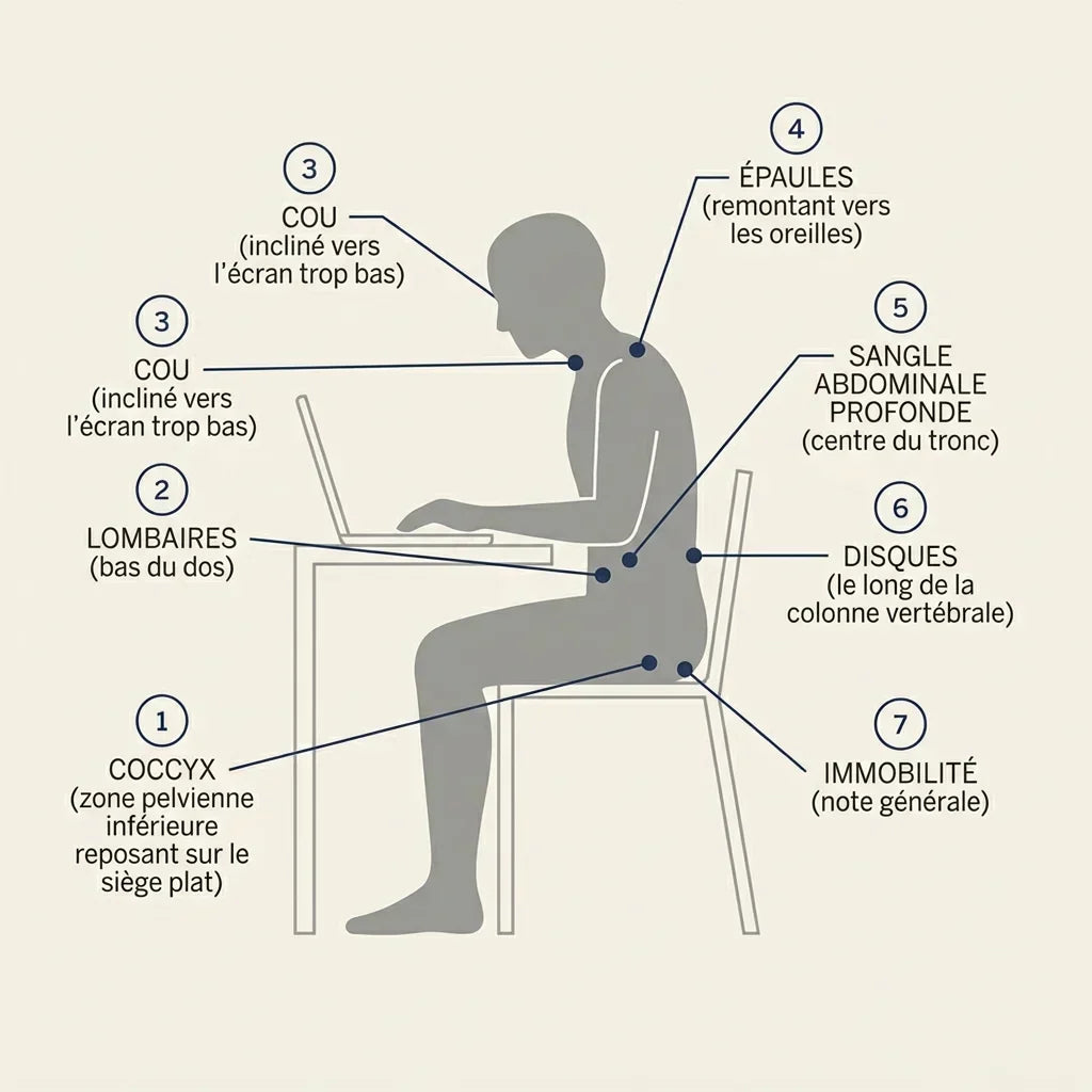 Infographie des 7 causes invisibles du mal de dos au bureau, silhouette assise annotée par zone