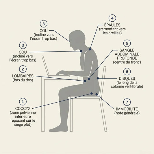 Infographie des 7 causes invisibles du mal de dos au bureau, silhouette assise annotée par zone