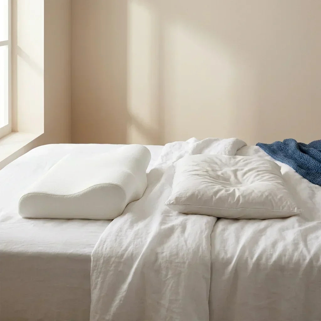 Oreiller ergonomique cervical posé sur un lit minimaliste avec lumière naturelle douce