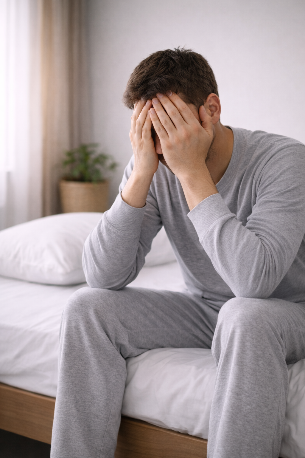 Homme assis sur son lit au réveil, mains sur le visage, exprimant fatigue et mal de tête après une nuit non réparatrice