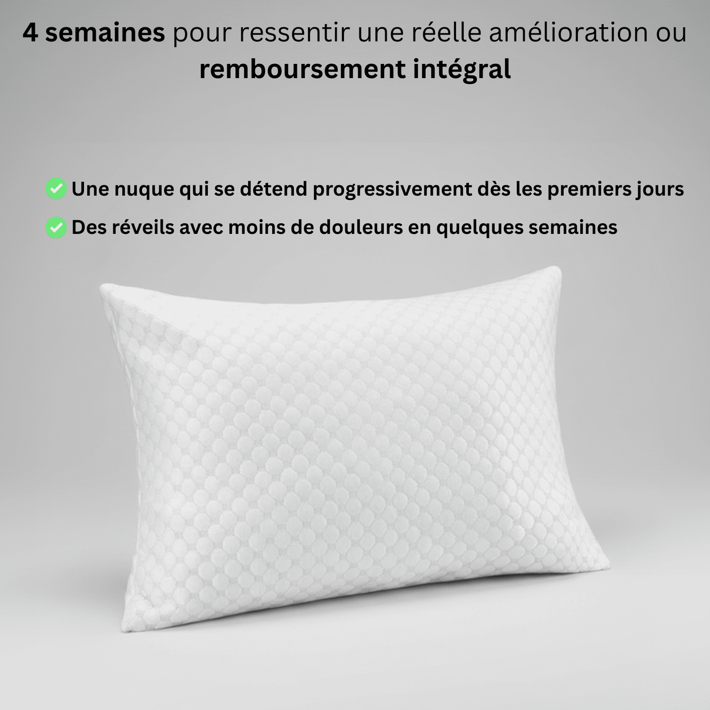 Oreiller ajustable Nerua avec garantie 4 semaines satisfait ou remboursé pour des réveils avec moins de douleurs cervicales.