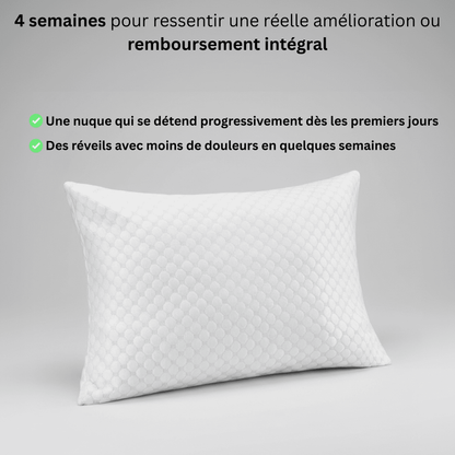 Oreiller ajustable Nerua avec garantie 4 semaines satisfait ou remboursé pour des réveils avec moins de douleurs cervicales.