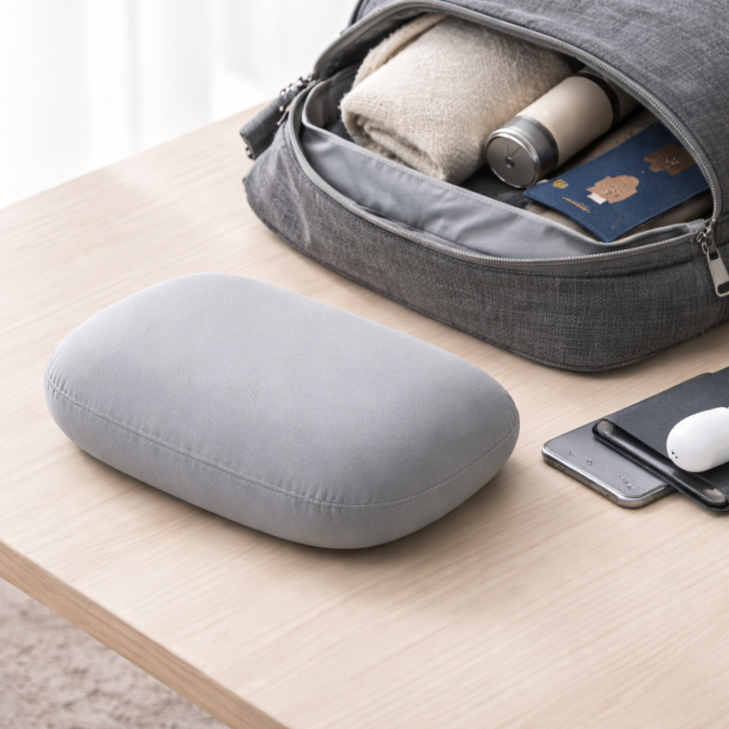 Oreiller de voyage compact rectangulaire à côté d’un sac à dos avec téléphone, passeport et accessoires