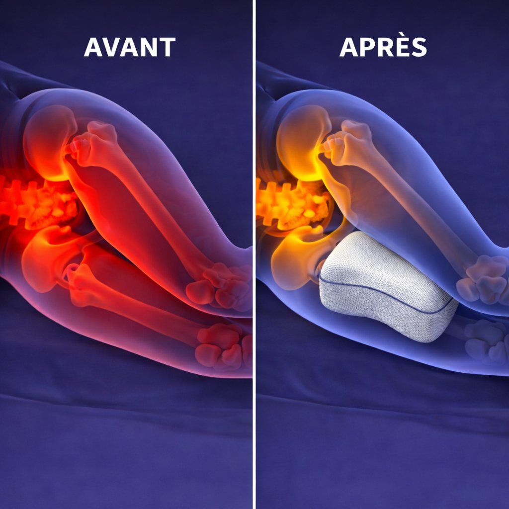 Illustration de l’alignement du bassin et de la colonne vertébrale avec et sans coussin entre les genoux en position de sommeil sur le côté