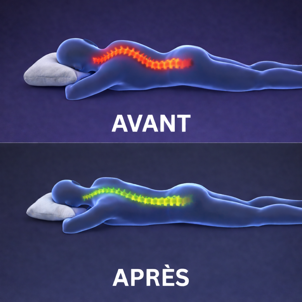 Oreiller ergonomique avec soutien cervical illustré par des silhouettes dormant sur le ventre.