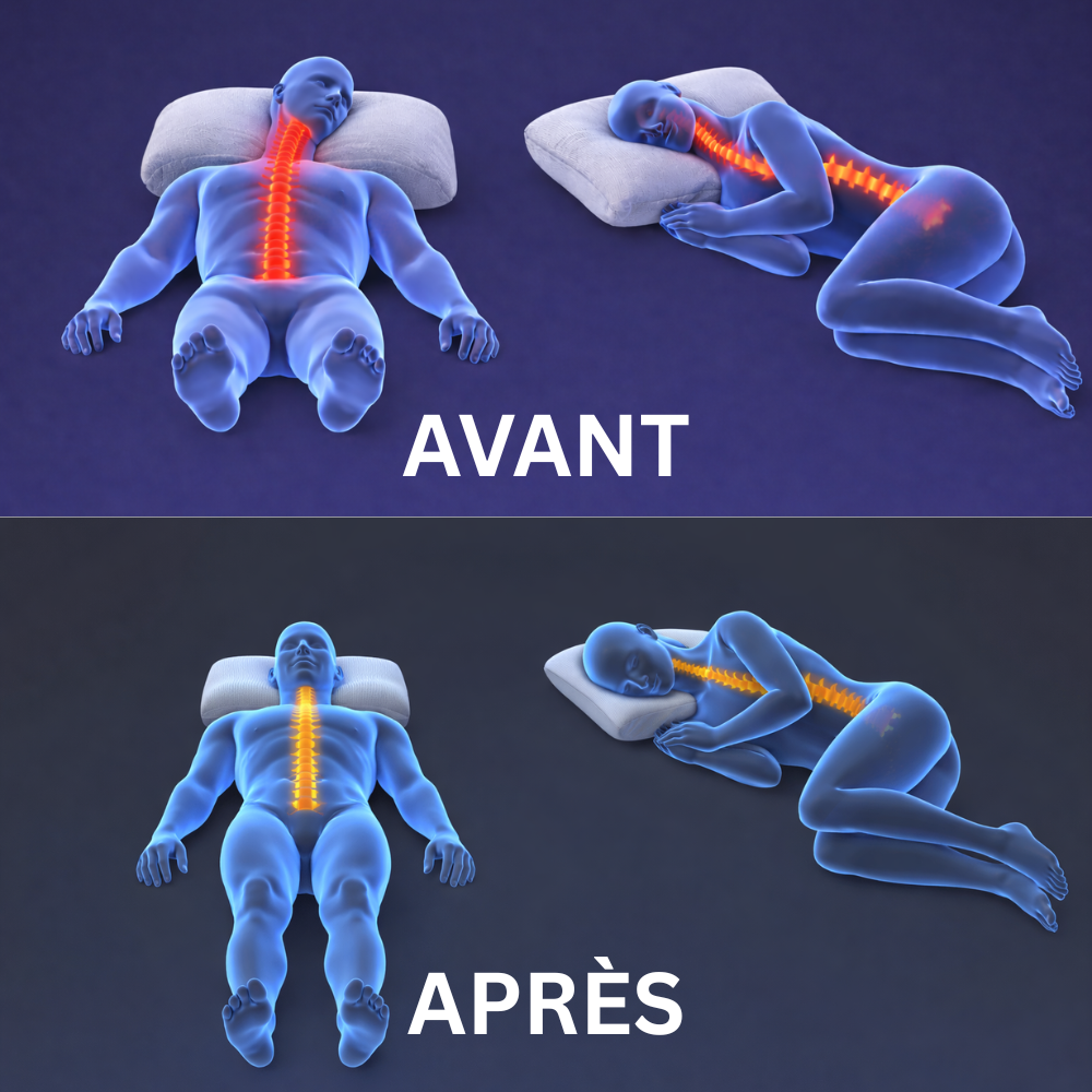 Schéma illustrant l’avant / après d’un oreiller cervical ergonomique et son impact sur l’alignement de la colonne vertébrale.