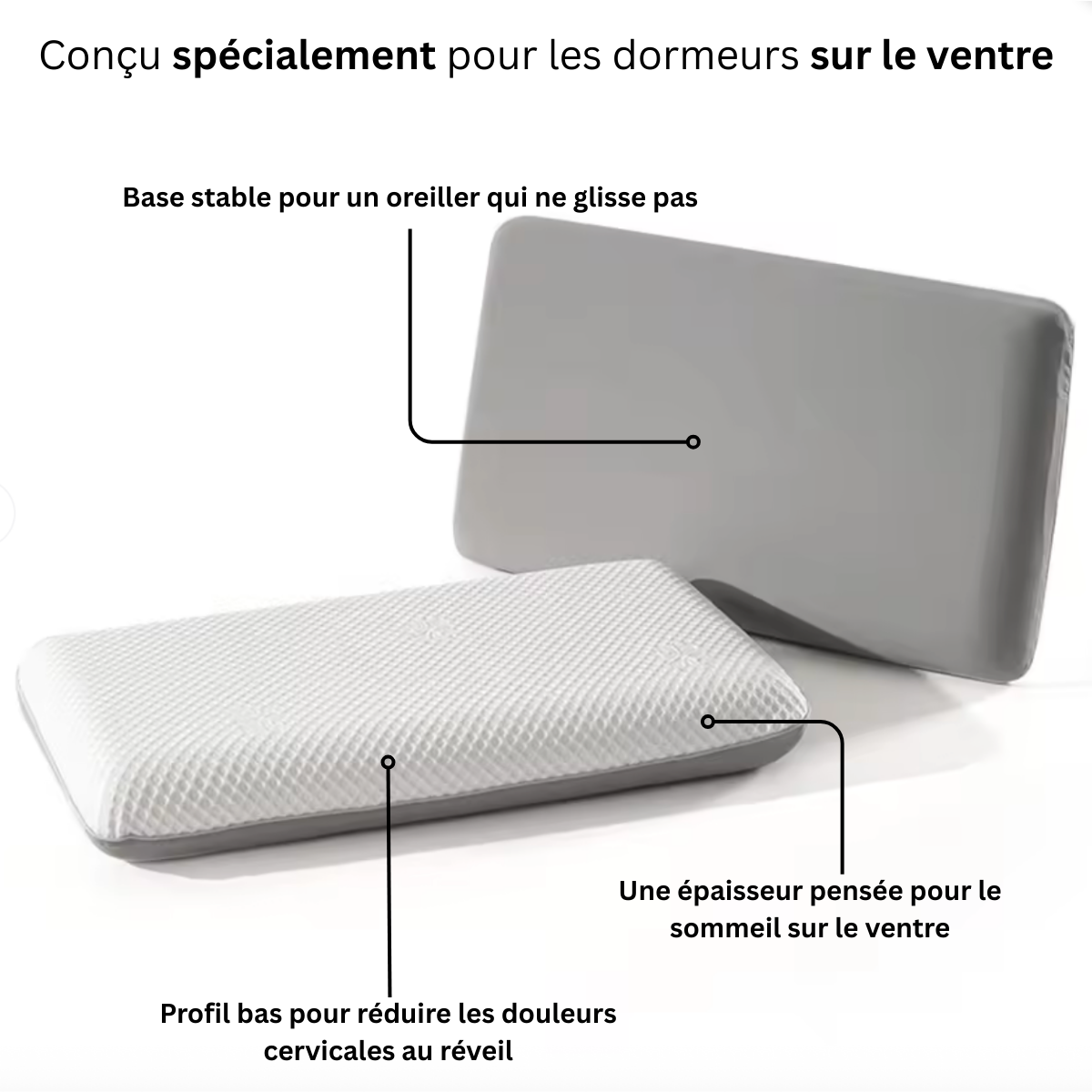 Vue recto verso de l'oreiller ergonomique plat Nerua avec housse texturée et base stable antidérapante conçu pour les dormeurs sur le ventre.