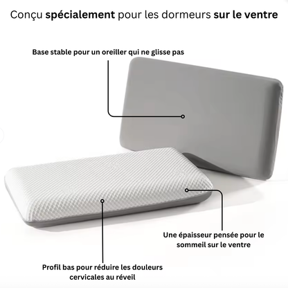 Vue recto verso de l'oreiller ergonomique plat Nerua avec housse texturée et base stable antidérapante conçu pour les dormeurs sur le ventre.