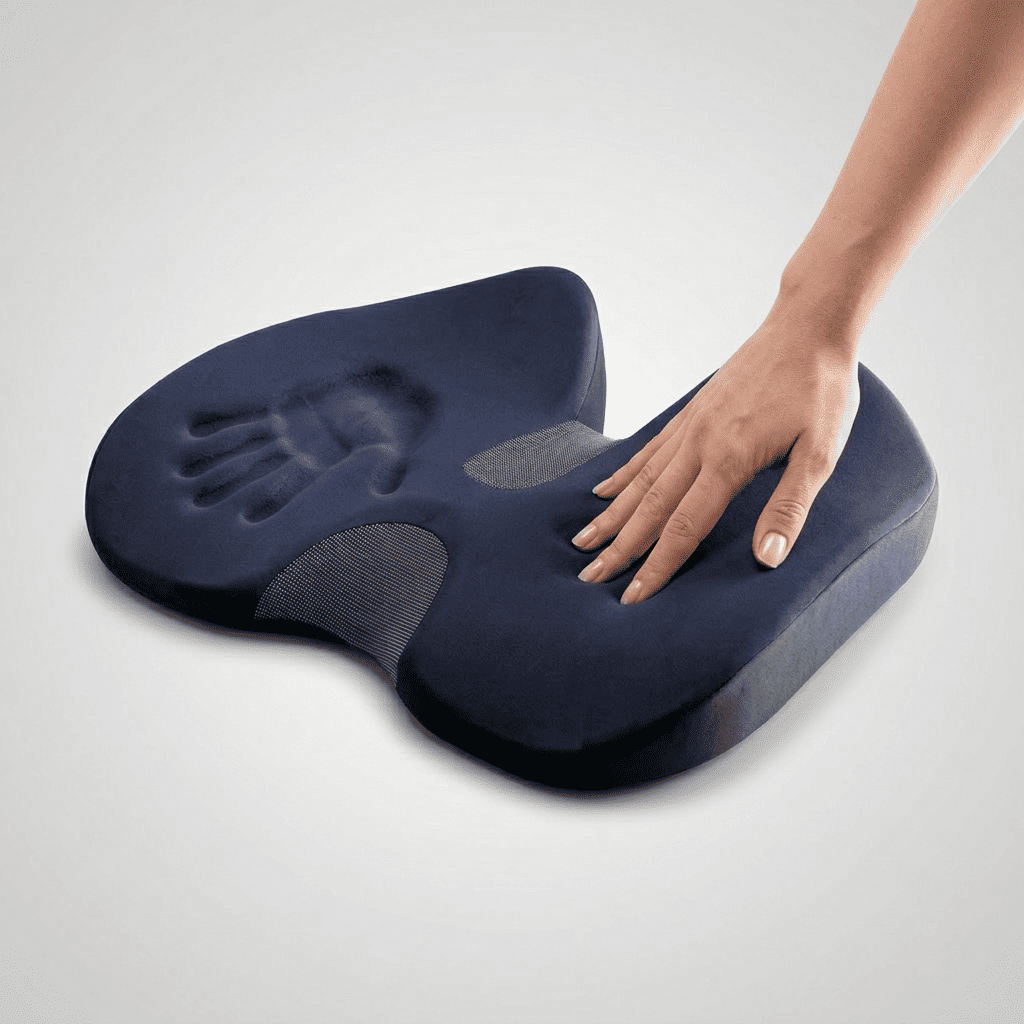 Photographie de studio sur fond gris clair montrant un coussin d'assise ergonomique bleu marine. Une main est posée sur le côté droit du coussin, tandis qu'une empreinte profonde à gauche illustre l'effet de la mousse à mémoire de forme haute densité. Le coussin présente une forme anatomique avec une découpe en U pour soulager le coccyx et des inserts en tissu respirant gris sur les côtés.