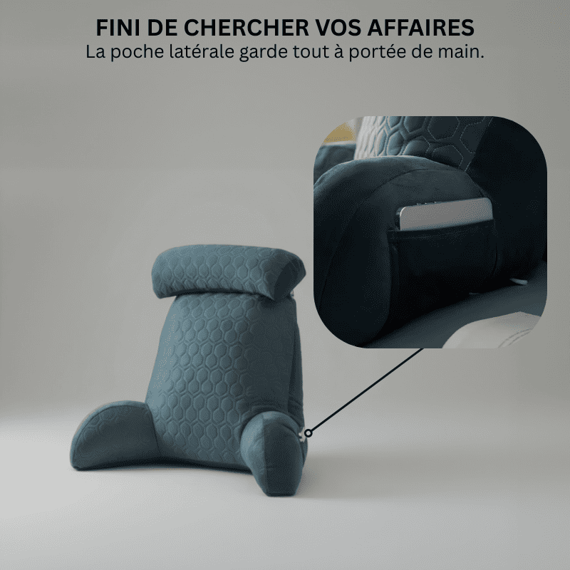 Détail de la poche latérale intégrée du coussin de lecture Confort Pro pour ranger téléphone et télécommande