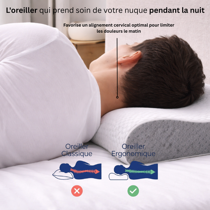 Homme dormant sur un oreiller cervical ergonomique Nerua pour réduire les douleurs cervicales au réveil.