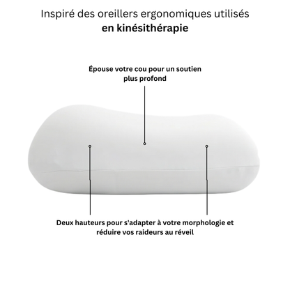 Vue de profil de l'oreiller cervical Plus Nerua inspiré des oreillers ergonomiques utilisés en kinésithérapie avec deux hauteurs adaptées à la morphologie.
