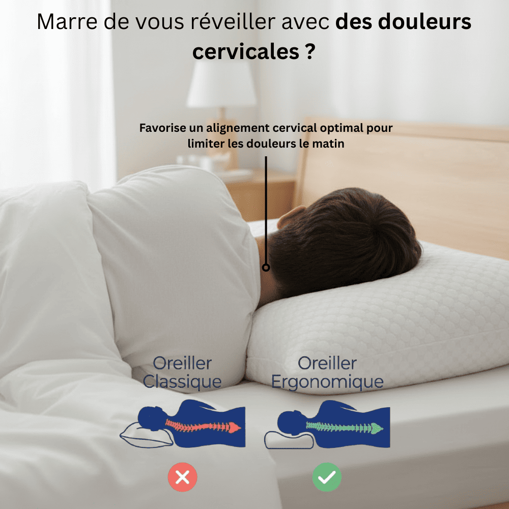 Comparaison oreiller classique et oreiller ergonomique ajustable Nerua montrant l'alignement cervical optimal pour réduire les douleurs au réveil.