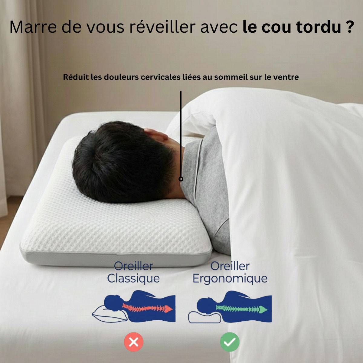 Homme dormant sur le ventre avec l'oreiller ergonomique plat Nerua pour réduire les douleurs cervicales liées au sommeil sur le ventre.