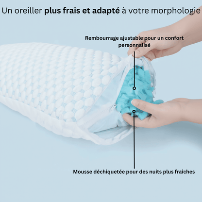 Oreiller ajustable Nerua avec mousse déchiquetée ajustable pour un confort personnalisé et des nuits plus fraîches.