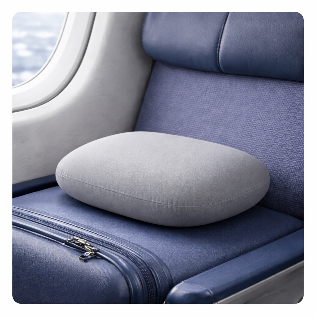 oreiller de voyage posé sur une chaise bleu.