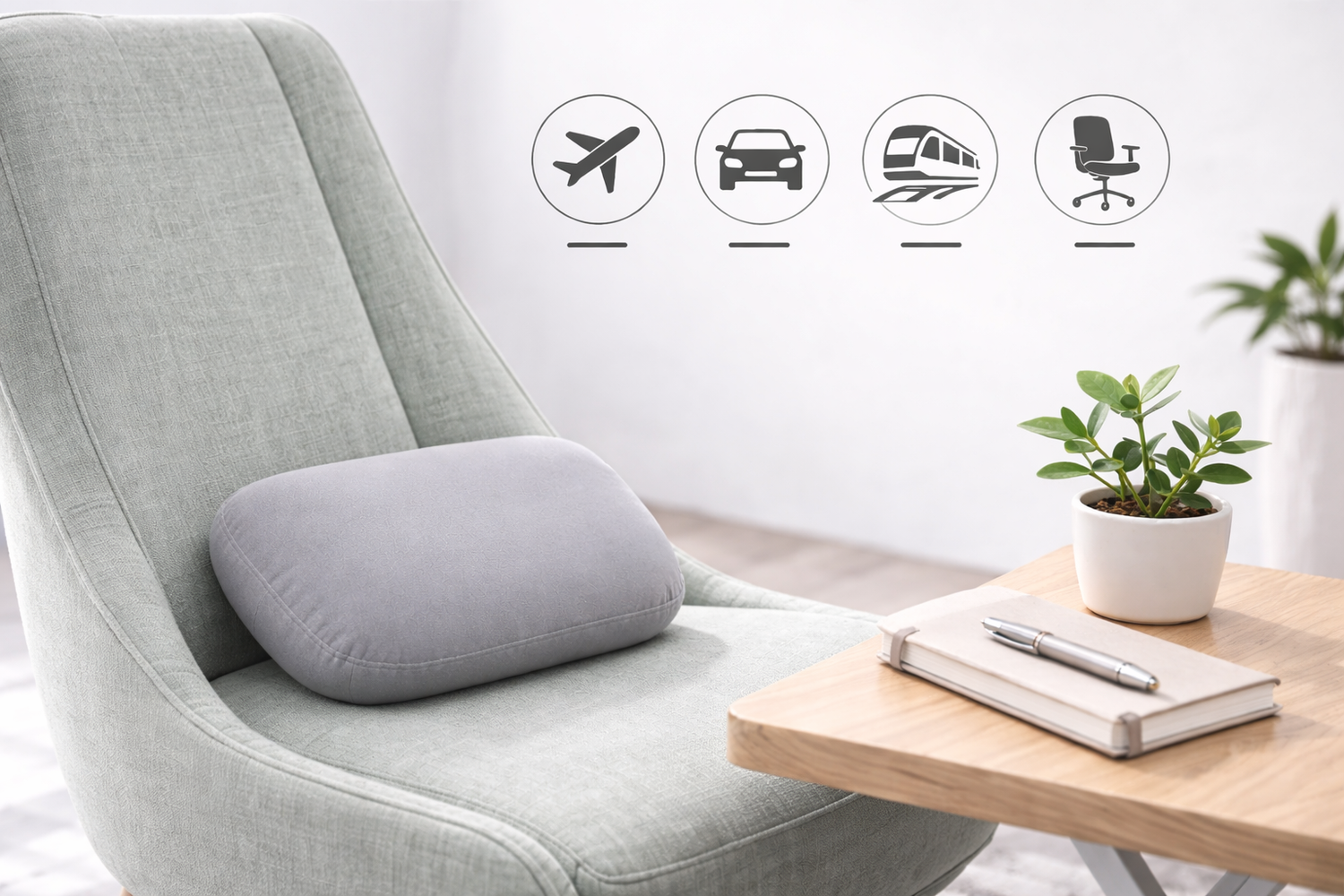 Oreiller de voyage compact rectangulaire posé sur chaise, adapté aux trajets en avion, voiture, train et au bureau
