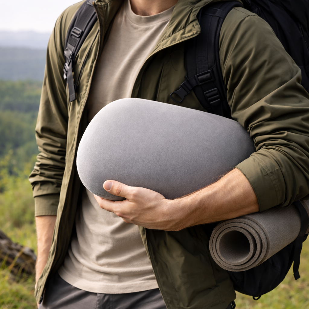 Oreiller cervical de voyage compact tenu sous le bras par un homme en tenue de randonnée