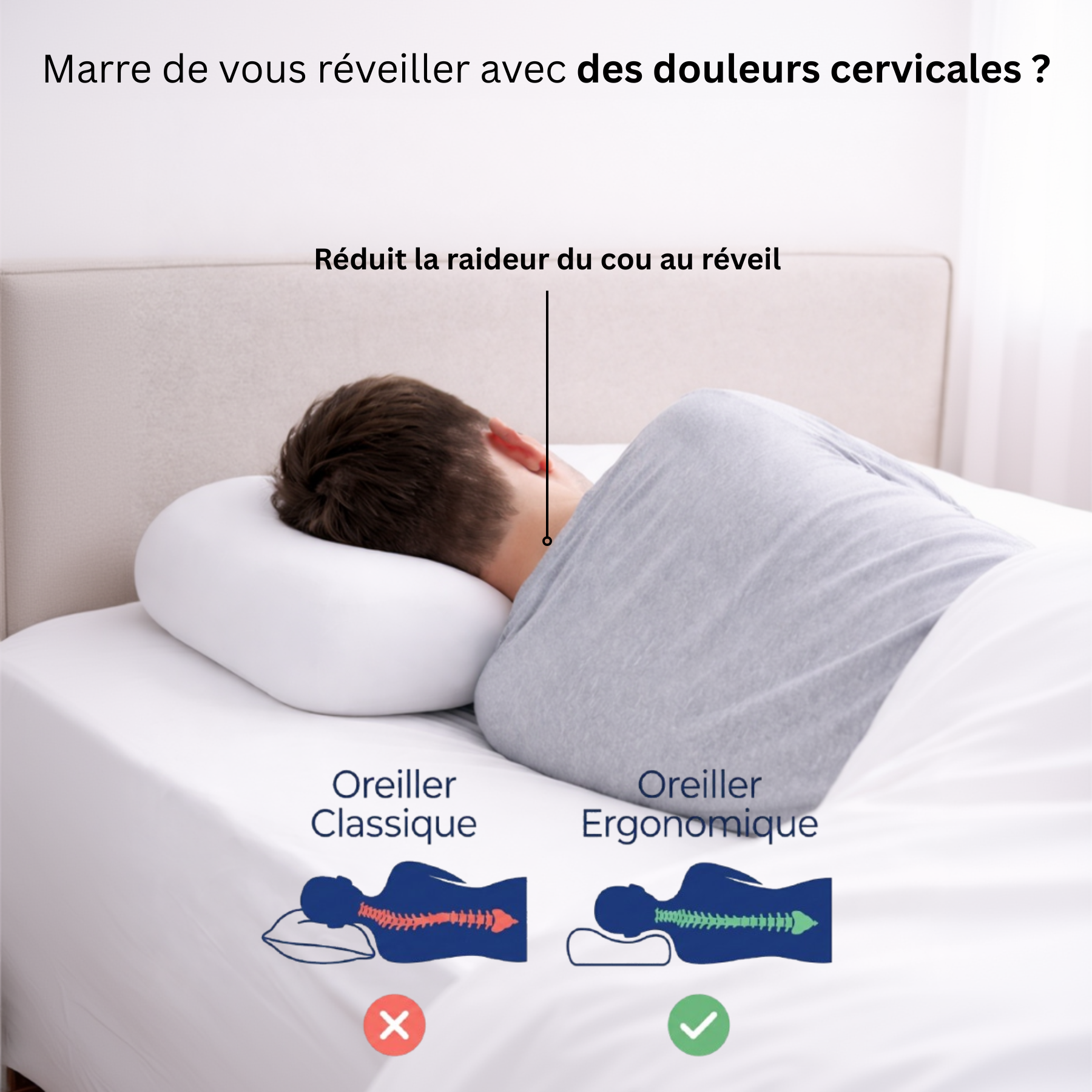 Homme dormant sur le côté avec l'oreiller cervical ergonomique Plus Nerua pour réduire les douleurs cervicales et la raideur du cou au réveil.