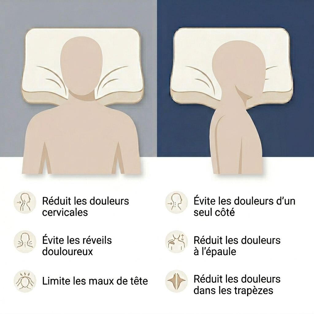 Infographie des douleurs cervicales soulagées par l'oreiller ergonomique Nerua selon la position de sommeil dos ou côté.