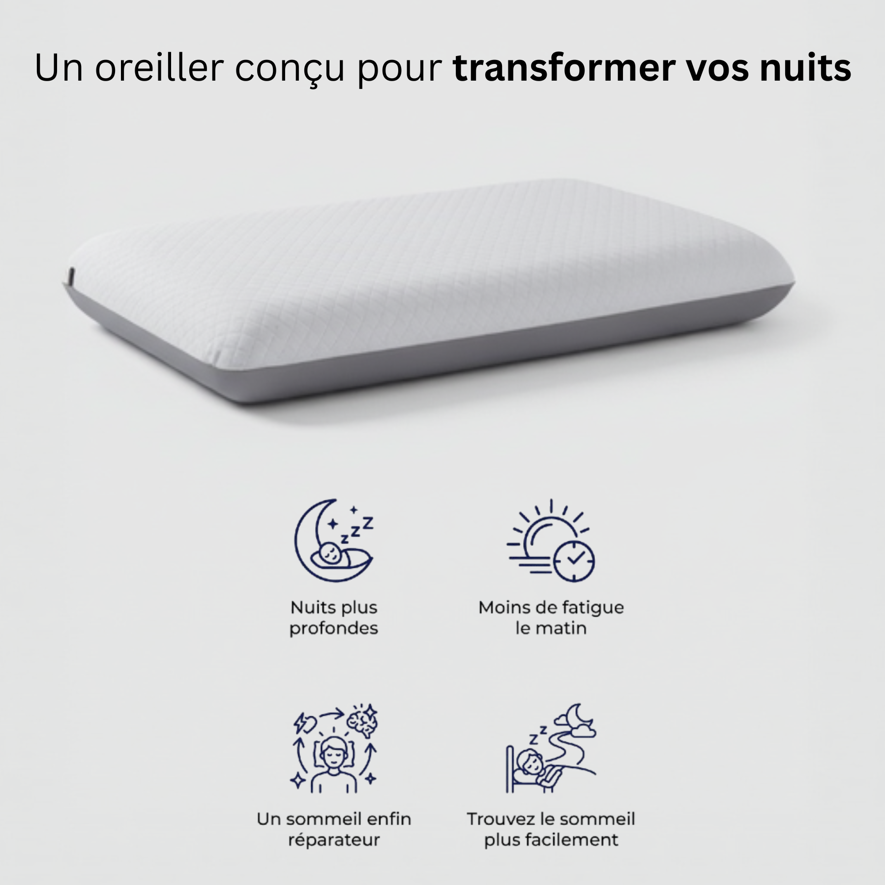 Oreiller cervical ergonomique Plat Nerua avec 4 bénéfices : nuits plus profondes, moins de fatigue le matin, un sommeil enfin réparateur, trouvez le sommeil plus facilement.