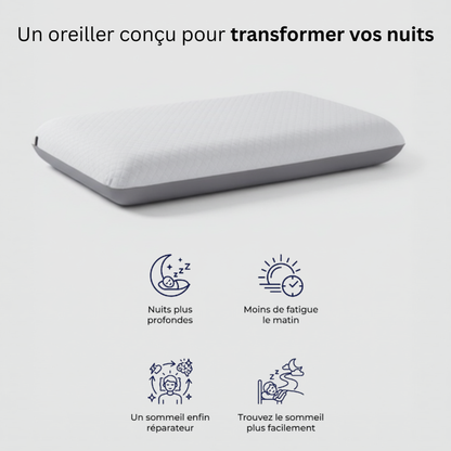 Oreiller cervical ergonomique Plat Nerua avec 4 bénéfices : nuits plus profondes, moins de fatigue le matin, un sommeil enfin réparateur, trouvez le sommeil plus facilement.