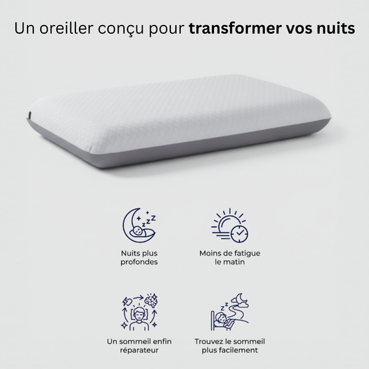 Oreiller cervical ergonomique Plat Nerua avec 4 bénéfices : nuits plus profondes, moins de fatigue le matin, un sommeil enfin réparateur, trouvez le sommeil plus facilement.