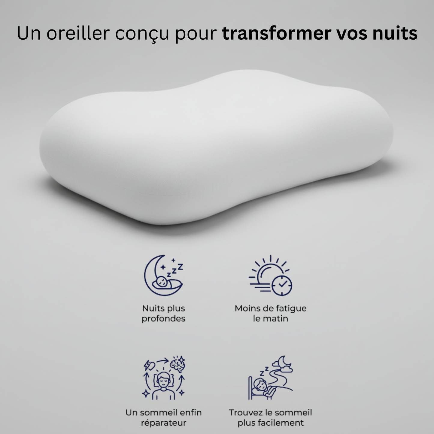 Oreiller cervical ergonomique Nerua avec 4 bénéfices : nuits plus profondes, moins de fatigue le matin, un sommeil enfin réparateur, trouvez le sommeil plus facilement
