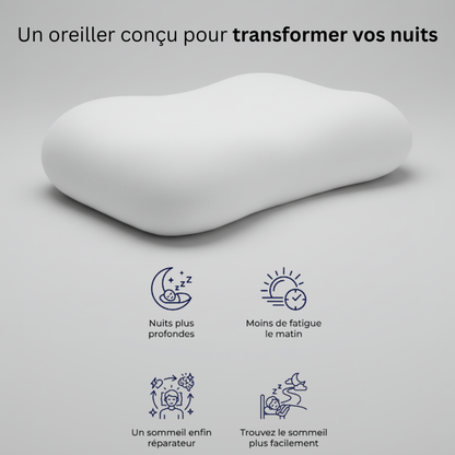 Oreiller cervical ergonomique Nerua avec 4 bénéfices : nuits plus profondes, moins de fatigue le matin, un sommeil enfin réparateur, trouvez le sommeil plus facilement