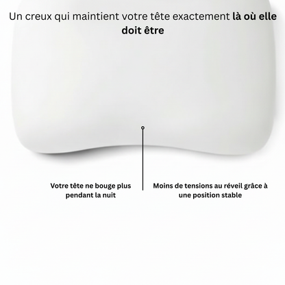 Vue du dessus de l'oreiller cervical Plus Nerua avec creux central qui maintient la tête en position stable toute la nuit.