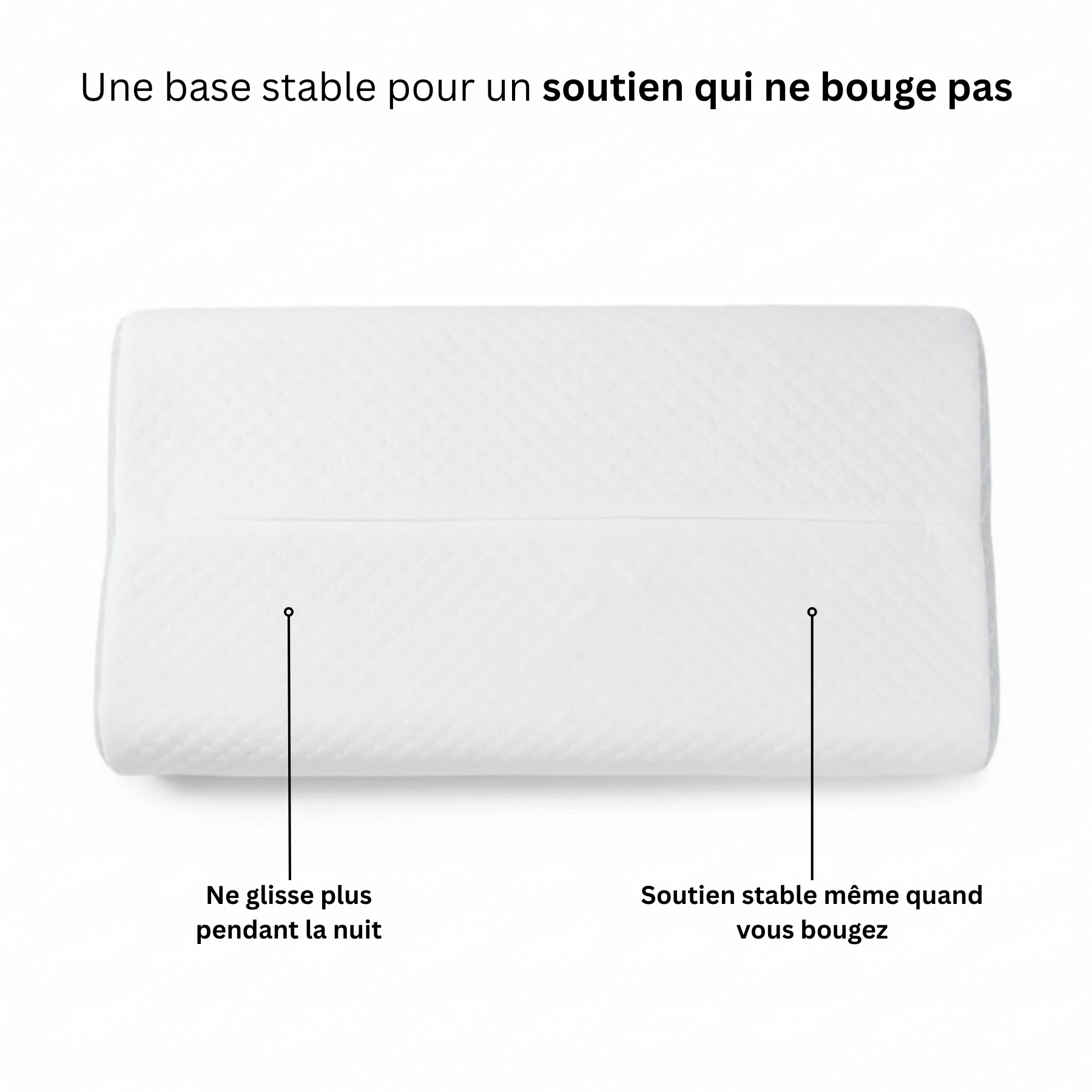 Vue du dessous de l'oreiller cervical Nerua avec base antidérapante stable qui ne glisse pas pendant la nuit.