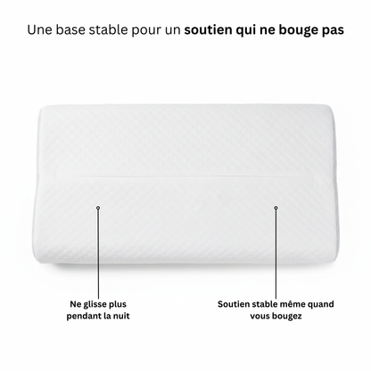 Vue du dessous de l'oreiller cervical Nerua avec base antidérapante stable qui ne glisse pas pendant la nuit.