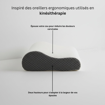 Vue de profil de l'oreiller cervical ergonomique Nerua inspiré des oreillers utilisés en kinésithérapie avec deux hauteurs.