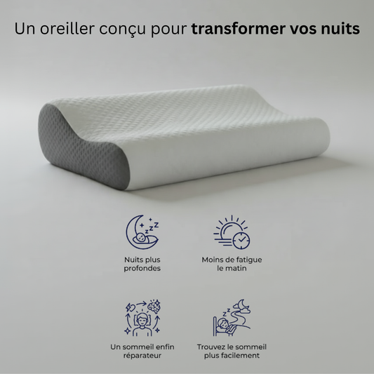 Oreiller cervical ergonomique Nerua avec 4 bénéfices : nuits plus profondes, moins de fatigue le matin, un sommeil enfin réparateur, trouvez le sommeil plus facilement.