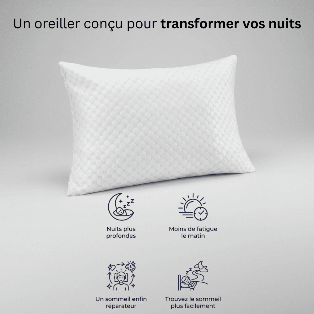 Main posée sur la mousse douce de l'oreiller ajustable Nerua avec housse amovible et lavable en machine pour dormir sereinement.