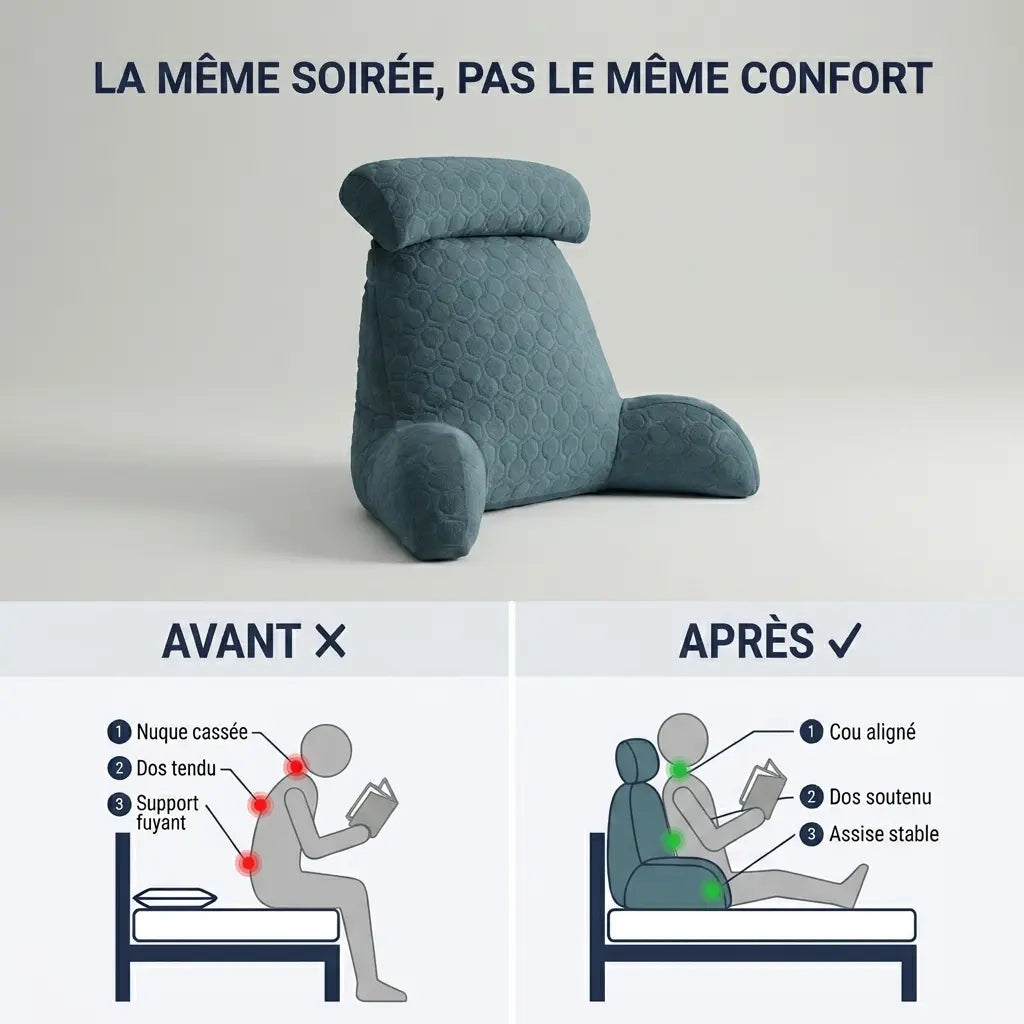 Schéma comparatif avant et après l'utilisation du coussin de lecture Confort Pro, points de douleur en rouge et bénéfices en vert